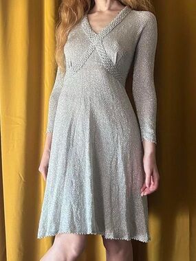 Vintage 1960s Silver Lurex Knit Party Dress, Medium